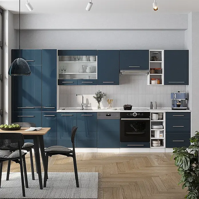 Vicco Küchenzeile Fame-Line Dunkelblau Hochglanz ohne Arbeitsplatte - Breite: 355 cm, Dunkelblau Hochglanz, Ohne Elektrogeräte - Eine moderne Küche mit hochglänzenden blauen Schränken, weißen Arbeitsplatten und integrierten Geräten, mit einem Essbereich.