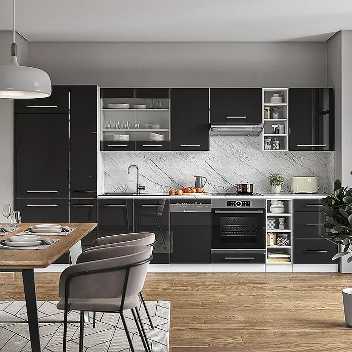 Vicco Küchenzeile Fame-Line Anthrazit Hochglanz/Weiß, AP Anthrazit - Breite: 355 cm, Anthrazit Hochglanz, Ohne Elektrogeräte - Moderne Küche mit schwarzen Hochglanzschränken, weißer Marmorrückwand und integrierten Geräten.