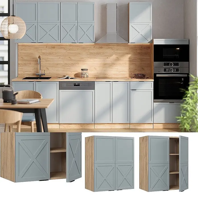 Vicco Hängeschrank Fame-Line, Hellblau-grau, 60 cm -  - Moderne hellblaue Küchenschränke mit X-Muster-Türen, integriert in eine Küche mit Holzoptik-Arbeitsplatten und Geräten.