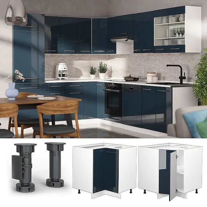 Vicco Schrankküche Fame-Line Dunkelblau Hochglanz ohne Arbeitsplatte - Breite: 80,5 cm, Dunkelblau Hochglanz, Eckunterschrank - Moderne L-Küche mit glänzenden dunkelblauen Schränken, weißen Arbeitsplatten und verstellbaren Füßen.