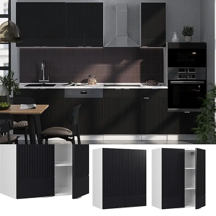 Vicco Hängeschrank Fame-Line, Schwarz gestreift, 60 cm -  - Moderne schwarze Küchenschränke mit geriffelter Front, als Teil einer Küche und als modulare Aufbewahrungseinheiten mit weißem Innenraum gezeigt.
