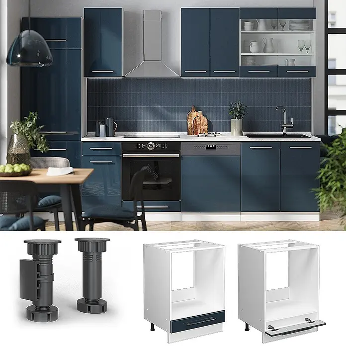 Vicco Schrankküche Fame-Line Dunkelblau Hochglanz ohne Arbeitsplatte - Breite: 60 cm, Dunkelblau Hochglanz, Herdumbauschrank 60 cm - Moderne Küche mit glänzenden blauen Schränken, weißer Arbeitsplatte und Einbaugeräten. Verstellbare Möbelfüße und weiße Unterschrankrahmen für Geräte.