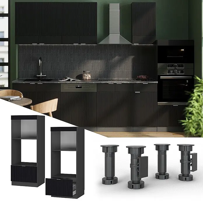 Vicco Mikrowellenschrank Fame-Line, Schwarz gestreift, 60 cm -  - Moderne schwarze Küche mit gerippten Schränken und integrierten Geräten, gezeigt mit modularen Ofenschränken und verstellbaren Sockelfüßen.