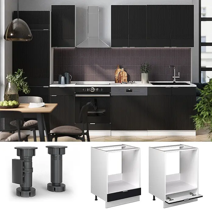 Vicco Herdumbauschrank Fame-Line, Schwarz gestreift, 60 cm -  - Moderne schwarze Rillenküchenschränke mit weißen Arbeitsplatten und Einbaugeräten. Zeigt auch verstellbare Füße und Unterschränke.