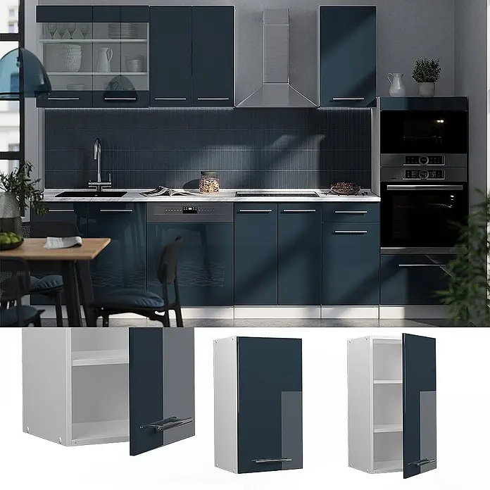Vicco Schrankküche Fame-Line Dunkelblau Hochglanz - Breite: 40 cm, Dunkelblau Hochglanz, Hängeschrank 40 cm - Moderne Küche mit hochglänzenden dunkelblauen Schränken und separaten passenden Modulen mit offenen und geschlossenen Türen.