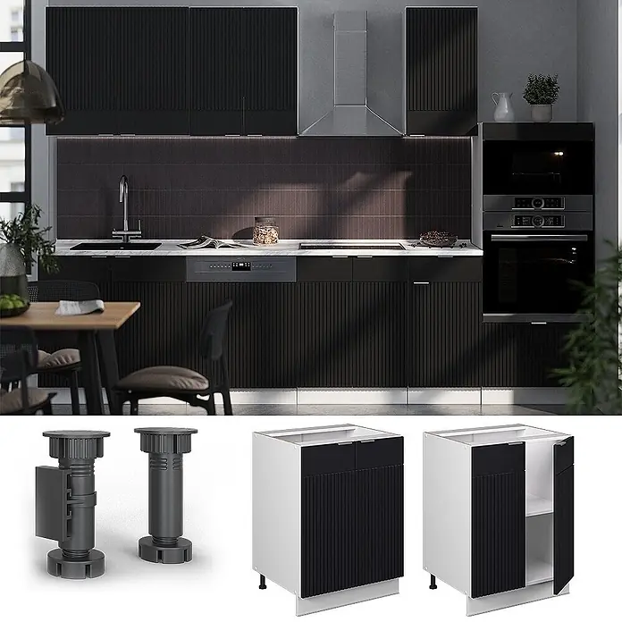Vicco Küchenunterschrank Fame-Line, Schwarz gestreift, 60 cm -  - Moderne Küche mit schwarzen geriffelten Fronten und Einbaugeräten, dazu Produktansichten von verstellbaren Schrankfüßen und passenden Unterschränken.