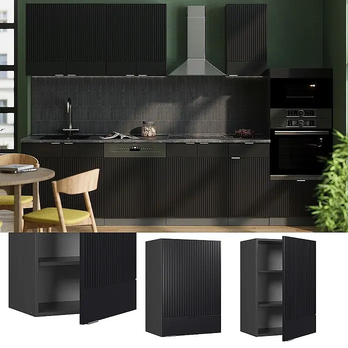 Vicco Hängeschrank Fame-Line, Schwarz gestreift, 50 cm -  - Schwarze gerippte Küchenschränke, in ein modernes Küchenlayout integriert.