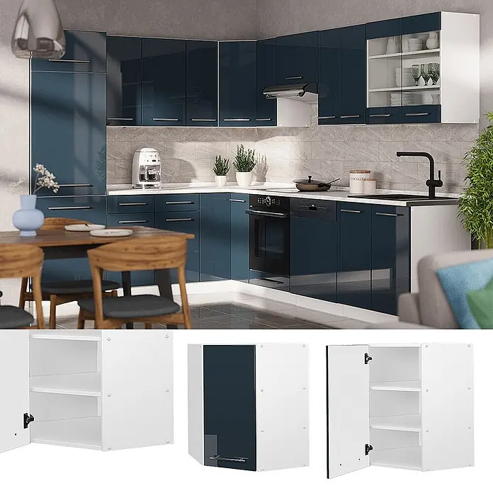 Vicco Schrankküche Fame-Line Dunkelblau Hochglanz - Breite: 57 cm, Dunkelblau Hochglanz, Eckhängeschrank 57 cm - Moderne Eckküche mit blauen Hochglanzschränken und weißen Arbeitsplatten.