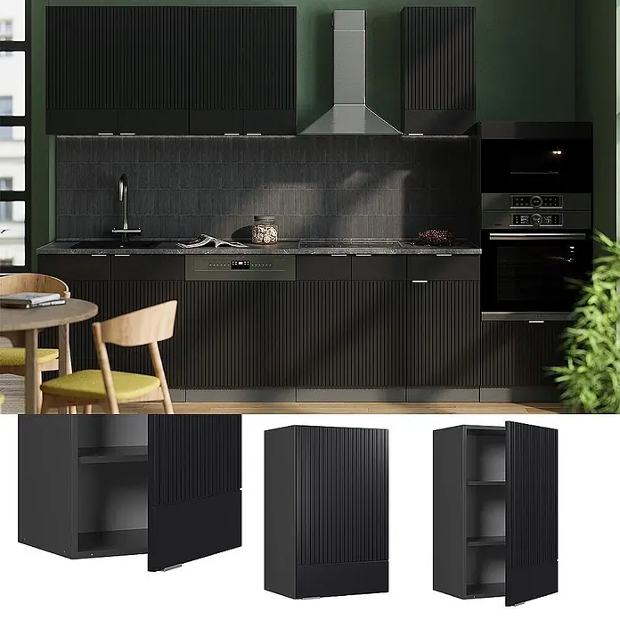 Vicco Hängeschrank Fame-Line, Schwarz gestreift, 45 cm -  - Schwarze Lamellen-Küchenschränke in moderner Küche. Einige Schränke sind offen, mit Einlegeböden.