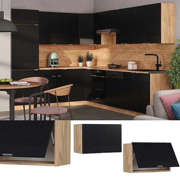 Vicco Hängeschrank Fame-Line, Schwarz gestreift, 60 cm -  - Moderne schwarze gerillte Küche mit hellen Holzdetails und Hubtür-Oberschränken in Eckanordnung.