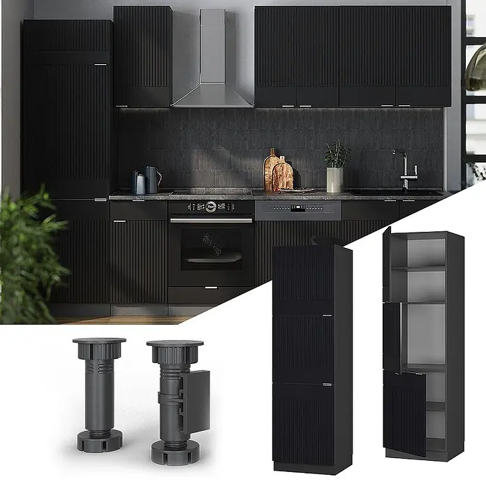 Vicco Vorratsschrank Fame-Line, Schwarz gestreift/Anthrazit 60 cm -  - Schwarze Küchenschränke mit geriffelten Fronten in einer modernen Küche, detailliert mit verstellbaren Füßen und einem Hochschrank.