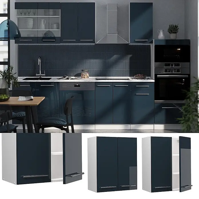 Vicco Schrankküche Fame-Line Dunkelblau Hochglanz - Breite: 60 cm, Dunkelblau Hochglanz, Hängeschrank 60 cm - Moderne Küche mit glänzenden dunkelblauen Schränken, integrierten Geräten und schlankem Design.