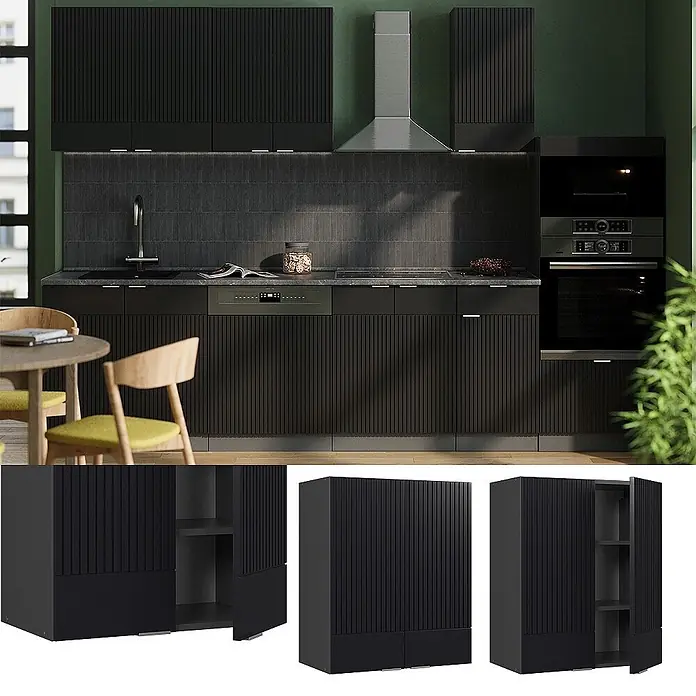 Vicco Hängeschrank Fame-Line, Schwarz gestreift, 60 cm -  - Schwarze Lamellen-Küchenschränke bieten modernen Stauraum. Mit markantem vertikal geripptem Design.