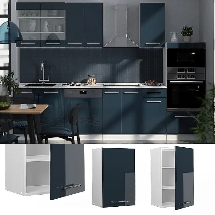 Vicco Schrankküche Fame-Line Dunkelblau Hochglanz - Breite: 45 cm, Dunkelblau Hochglanz, Hängeschrank 45 cm - Modulare Küchenschränke in hochglänzendem Dunkelblau, mit Ober- und Unterschränken sowie integrierten Geräten.