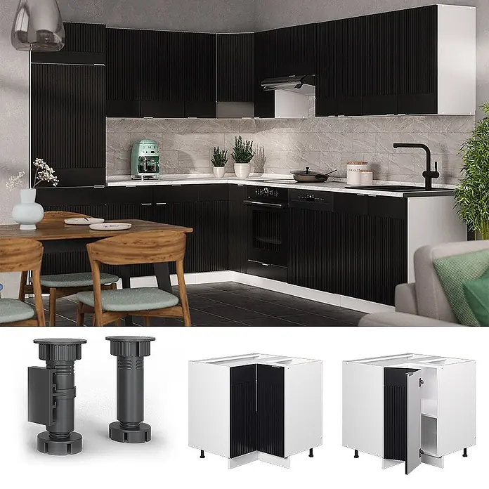 Vicco Eckunterschrank Fame-Line, Schwarz gestreift, 80.5 cm -  - Moderne L-förmige Küche mit schwarzen Lamellenschränken, integriertem Ofen, Spüle und separaten verstellbaren Füßen und Eckunterschrankdetails.