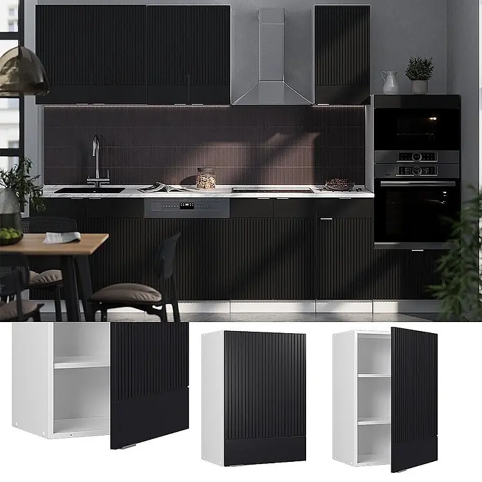 Vicco Hängeschrank Fame-Line, Schwarz gestreift, 50 cm -  - Schwarze, geriffelte Türen an weißen Küchenschränken, bieten eleganten Stauraum in einer modernen Küche.