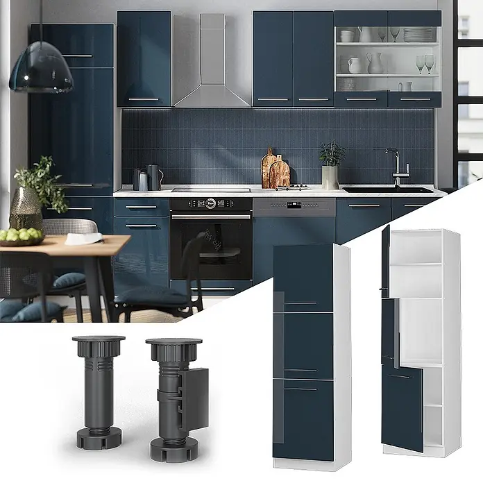 Vicco Schrankküche Fame-Line Dunkelblau Hochglanz - Breite: 60 cm, Dunkelblau Hochglanz, Vorratsschrank 60 cm Hoch - Moderne, hochglänzende blaue Küchenschränke mit Geräten, inklusive Hochschrank und verstellbaren Möbelfüßen.