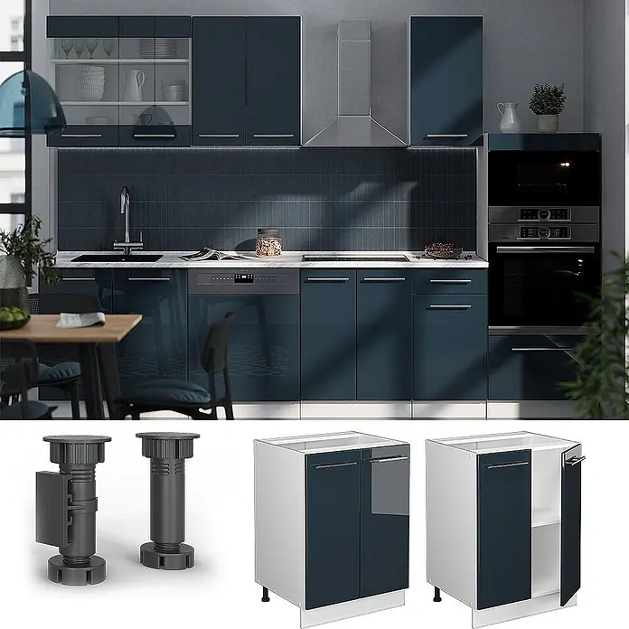Küchenunterschrank Fame-Line 60 cm Dunkelblau Hochglanz Art.-Nr. 49573 -  - Dunkelblaue Hochglanz-Küchenschränke mit verstellbaren Füßen und modularen Elementen, in einer modernen Küche installiert.