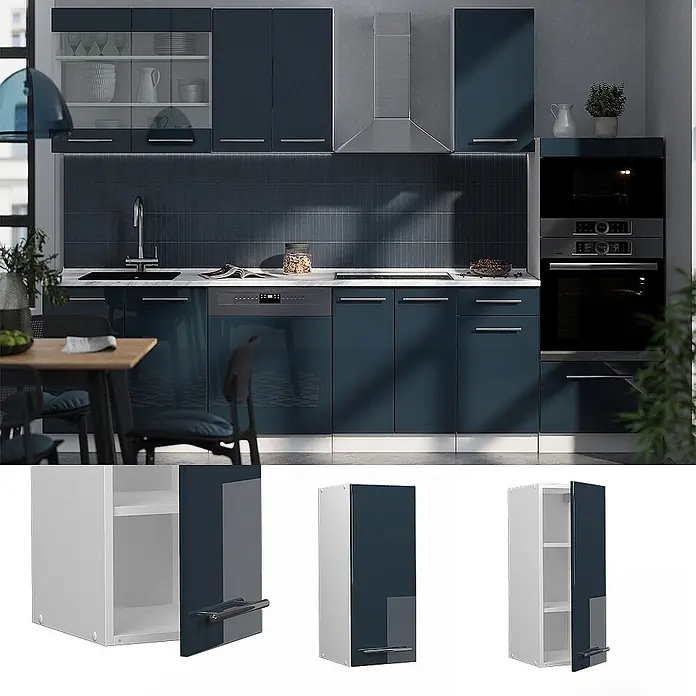 Vicco Schrankküche Fame-Line Dunkelblau Hochglanz - Breite: 30 cm, Dunkelblau Hochglanz, Hängeschrank 30 cm - Modernes Küchensystem mit hochglänzenden, tiefblauen Schrankfronten und eleganten Einbaugeräten.