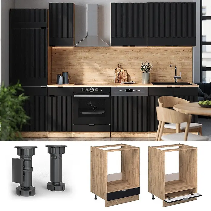 Vicco Herdumbauschrank Fame-Line, Schwarz gestreift, 60 cm -  - Moderne Küche mit schwarzen gerippten Schränken, Arbeitsplatte und Rückwand aus Holz sowie integrierten Geräten.