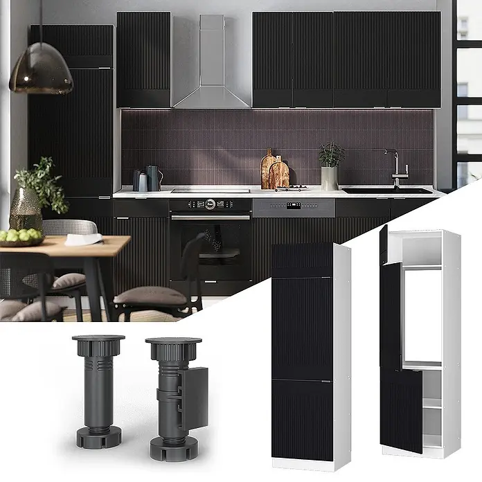 Vicco Kühlumbauschrank Fame-Line, Schwarz gestreift, 60 cm -  - Moderne Küche mit schwarzen geriffelten Schränken, Einbaugeräten, verstellbaren Füßen und einem hohen Aufbewahrungsschrank.