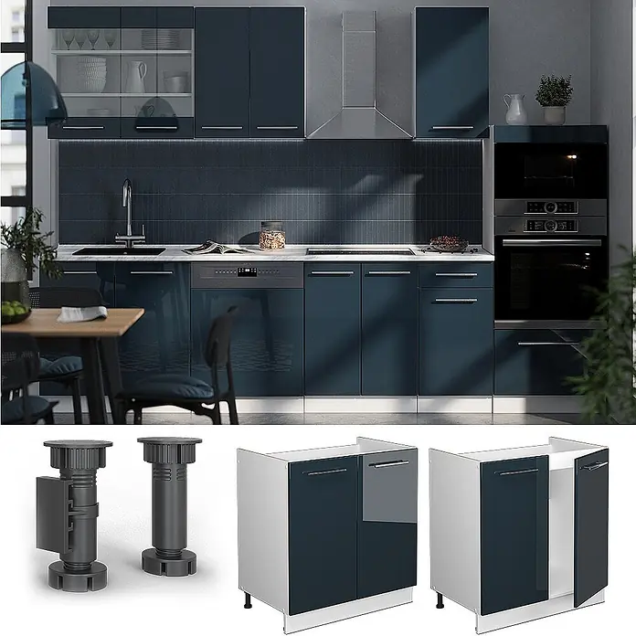 Vicco Schrankküche Fame-Line Dunkelblau Hochglanz ohne Arbeitsplatte - Breite: 80 cm, Dunkelblau Hochglanz, Spülenunterschrank 80 cm - Dunkelblaue, glänzende modulare Küchenschränke mit verstellbaren Füßen, gezeigt als komplette Küche und als einzelne Unterschränke.