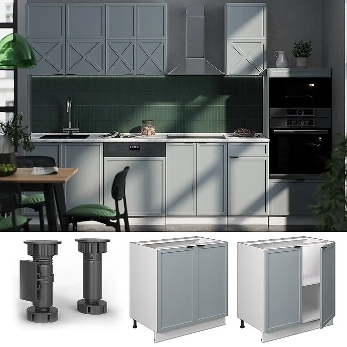 Vicco Schrankküche Fame-Line Hellblau-grau mit Regal, AP Marmor - Hellblau-grau, Unterschrank 80 cm - Moderne Küche mit hellgrauen Schränken, dunkelgrünem Fliesenspiegel und integrierten Geräten.