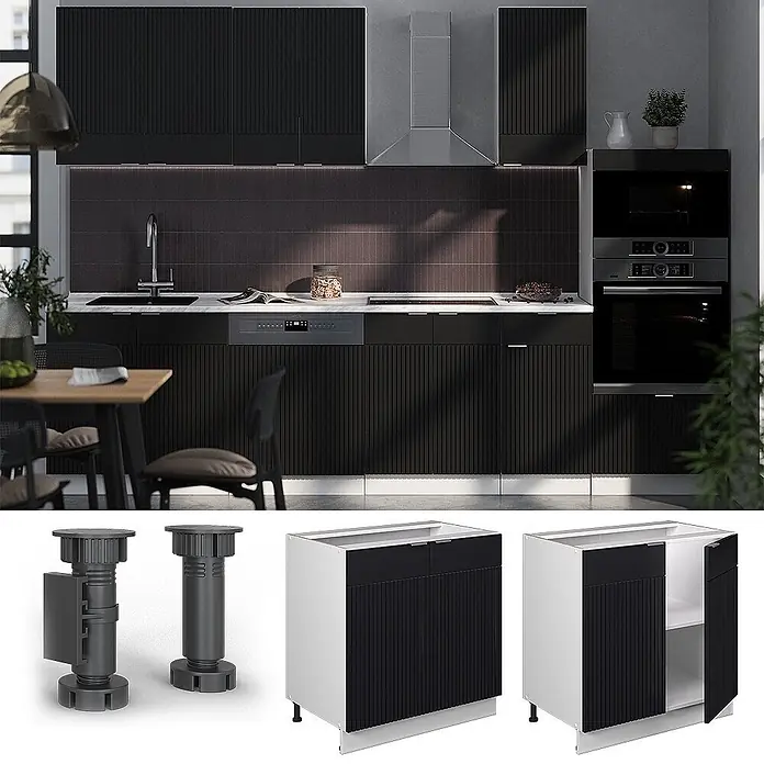 Vicco Küchenunterschrank Fame-Line, Schwarz gestreift/Weiß 80 cm -  - Schwarze, geriffelte Küchenunterschränke mit verstellbaren Beinen, im Einsatz und als Einzelteile gezeigt.