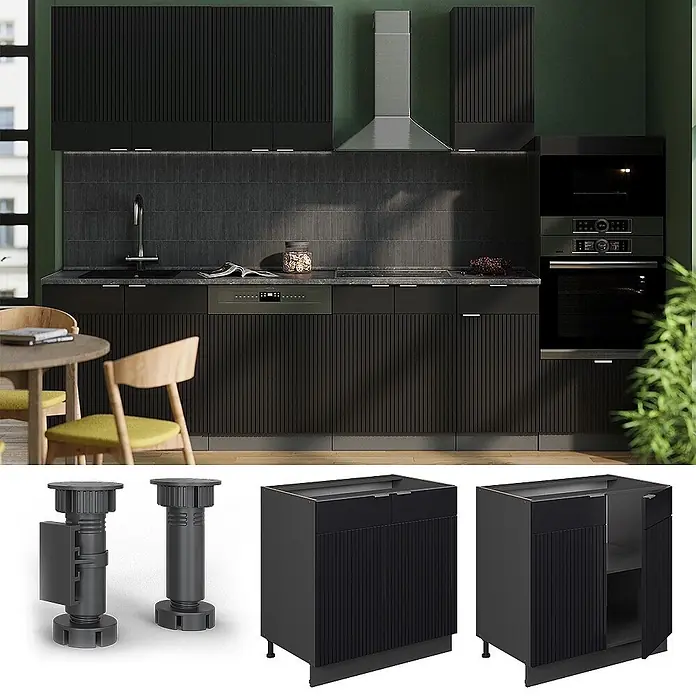 Vicco Küchenunterschrank Fame-Line, Schwarz gestreift/Anthrazit 80 cm -  - Moderne schwarze Küche mit gerippten Unterschränken und verstellbaren Füßen in einer Lifestyle- und Detailansicht.