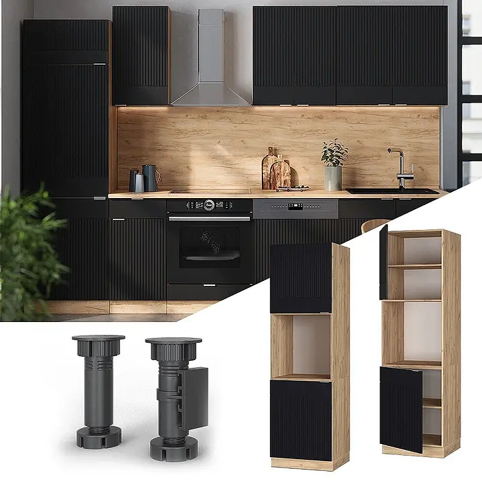 Vicco Herdumbauschrank Fame-Line, Schwarz gestreift, 60 cm -  - Schwarze Rillenküchenschränke, helle Holzakzente, verstellbare Füße und Hochschränke.