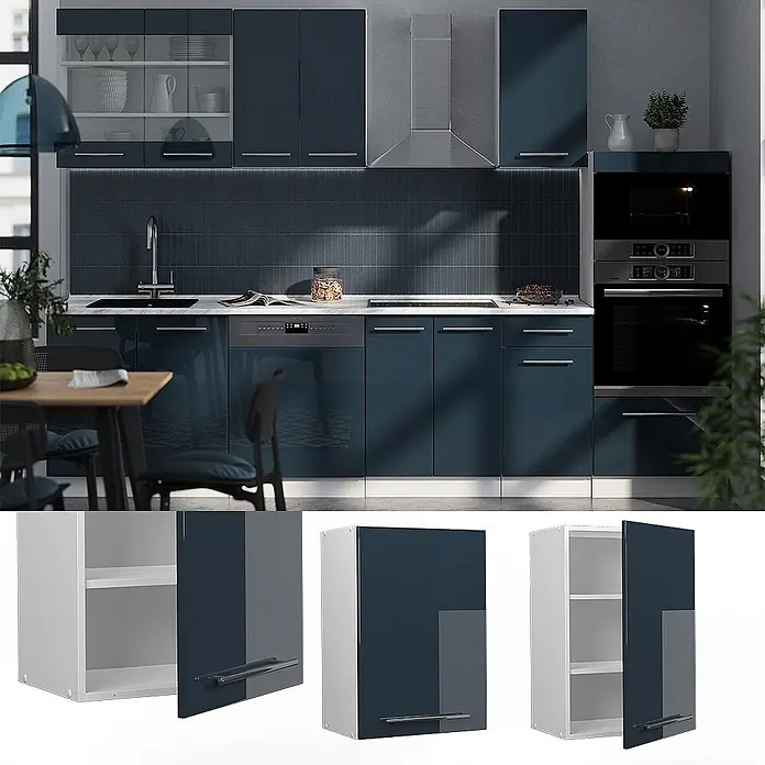 Vicco Schrankküche Fame-Line Dunkelblau Hochglanz - Breite: 50 cm, Dunkelblau Hochglanz, Hängeschrank 50 cm - Moderne dunkelblaue Hochglanz-Küchenschränke in einer kompletten Küche, mit einzelnen Wandschränken, die die Innenregale zeigen.
