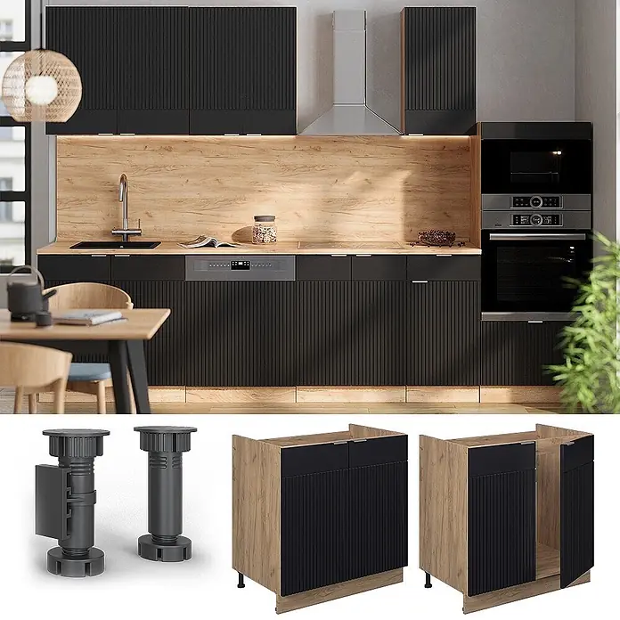 Vicco Spülenunterschrank Fame-Line, Schwarz gestreift, 80 cm -  - Moderne Küche mit schwarzen geriffelten Unterschränken, Seiten in Holzoptik und verstellbaren Standfüßen.