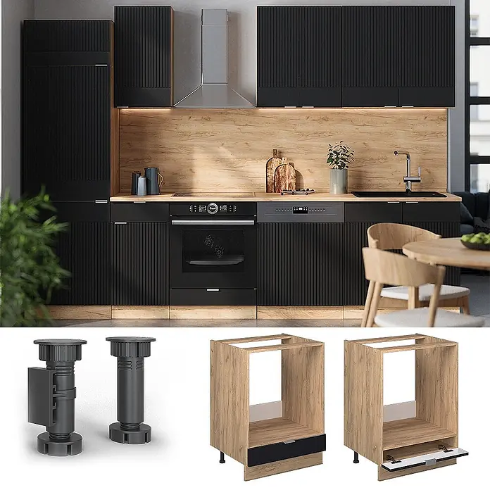 Vicco Herdumbauschrank Fame-Line, Schwarz gestreift, 60 cm -  - Verstellbare Schranksockel und Holz-Küchenunterschränke für Geräte, integriert in eine moderne Küchenumgebung.