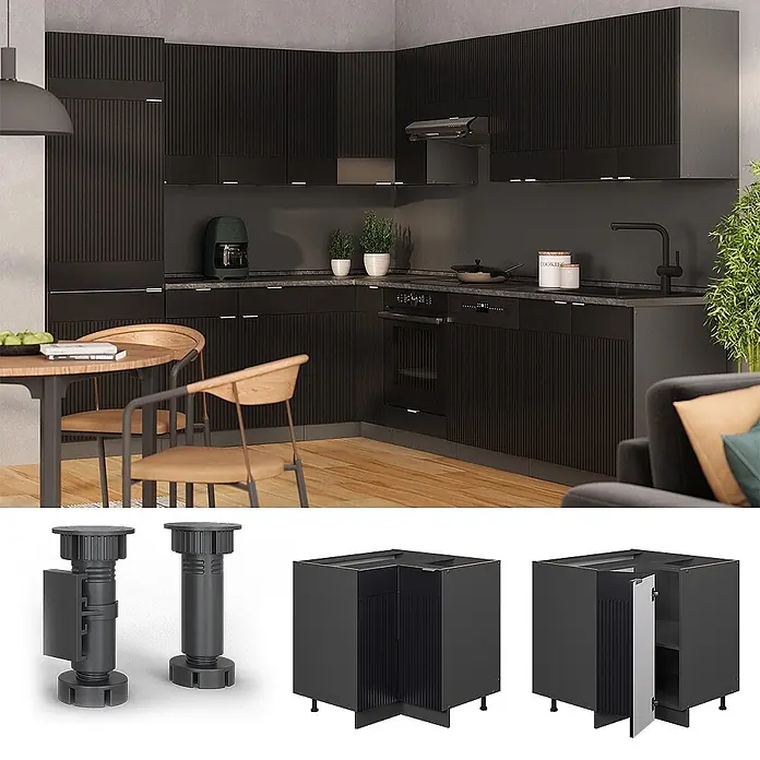Vicco Eckunterschrank Fame-Line, Schwarz gestreift, 80.5 cm -  - Moderne schwarze Küche mit geriffelten Fronten, verstellbaren Füßen und Eckunterschränken.