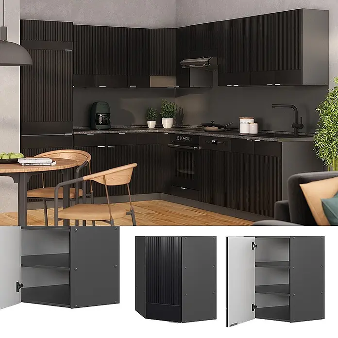 Vicco Eckhängeschrank Fame-Line, Schwarz gestreift, 57 cm -  - Moderne schwarze Küchenmöbel mit geriffelten Schrankfronten, in Eckanordnung.