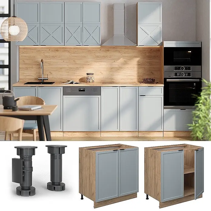 Vicco Schrankküche Fame-Line Hellblau-grau mit Regal, ohne Arbeitsplatte - Hellblau-grau, Unterschrank 80 cm - Hellblaue Küchenschränke mit Holzdetails, integrierten Geräten und separaten Ansichten von Schränken und dunkelgrauen verstellbaren Füßen.