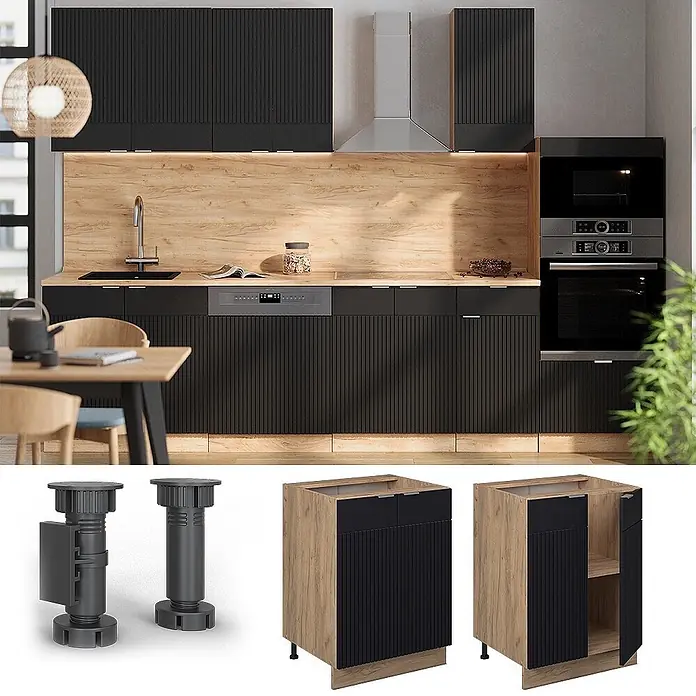 Vicco Küchenunterschrank Fame-Line, Schwarz gestreift, 60 cm -  - Schwarze gerippte Küchenschränke mit Holzelementen, dargestellt in einer modernen Küche und als Einzelkomponenten.