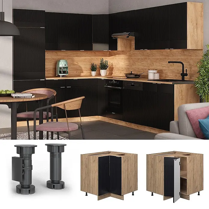 Vicco Eckunterschrank Fame-Line, Schwarz gestreift, 80.5 cm -  - Schwarze gerippte Küchenschränke mit Holzelementen in einer Küche, mit verstellbaren Füßen und Eckschrank.