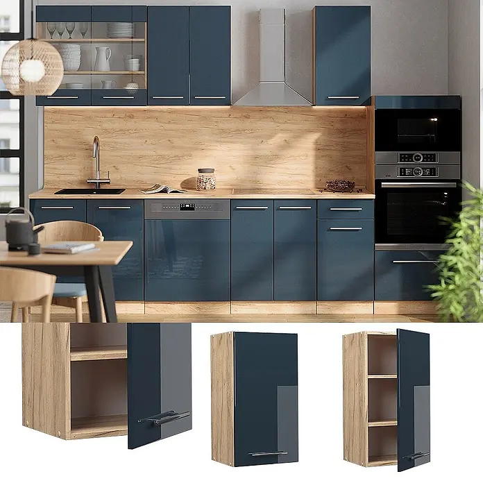 Vicco Schrankküche Fame-Line Dunkelblau Hochglanz - Breite: 40 cm, Dunkelblau Hochglanz, Hängeschrank 40 cm - Moderne Küche mit glänzenden blauen Schränken und Holzdekor-Paneelen, mit verschiedenen Stauraumoptionen.