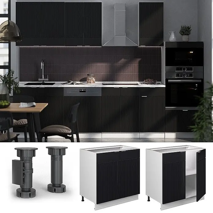 Vicco Küchenunterschrank Fame-Line, Schwarz gestreift/Weiß 80 cm -  - Moderne schwarze gerippte Küchenschränke in Küche, mit weißer Arbeitsplatte, gezeigt mit verstellbaren Füßen und offenen/geschlossenen Schrankansichten.