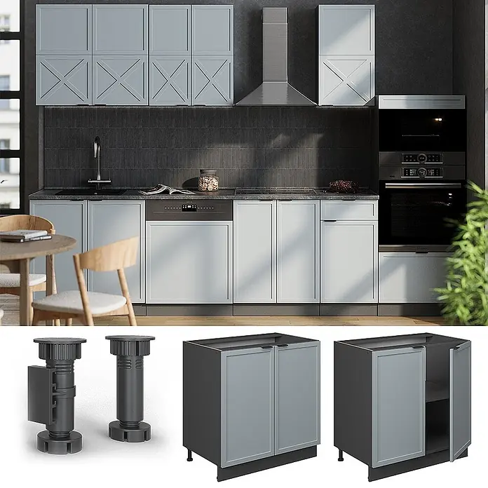 Vicco Schrankküche Fame-Line Hellblau-grau mit Regal, AP Eiche - Hellblau-grau, Unterschrank 80 cm - Moderne hellgraue Küchenschränke mit dunkelgrauen Komponenten und verstellbaren Füßen, in einer Küche und als Einzelunterschränke gezeigt.