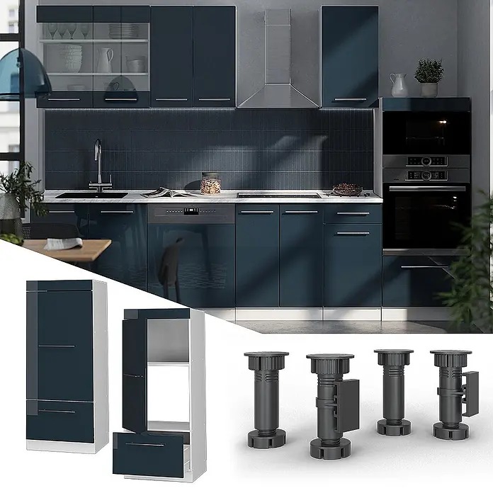 Vicco Schrankküche Fame-Line Dunkelblau Hochglanz - Breite: 60 cm, Dunkelblau Hochglanz, Mikrowellenschrank 60 cm (voll) - Moderne Küche mit glänzenden dunkelblauen Schränken, einem Hochschrank und vier verstellbaren Kunststoff-Schrankfüßen.