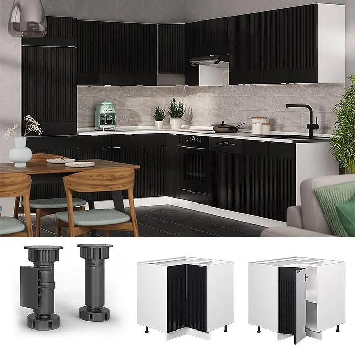 Vicco Eckunterschrank Fame-Line, Schwarz gestreift, 80.5 cm -  - Moderne L-förmige Küche mit schwarzen gerillten Unter- und Oberschränken, weißen Arbeitsplatten und integrierten Geräten.