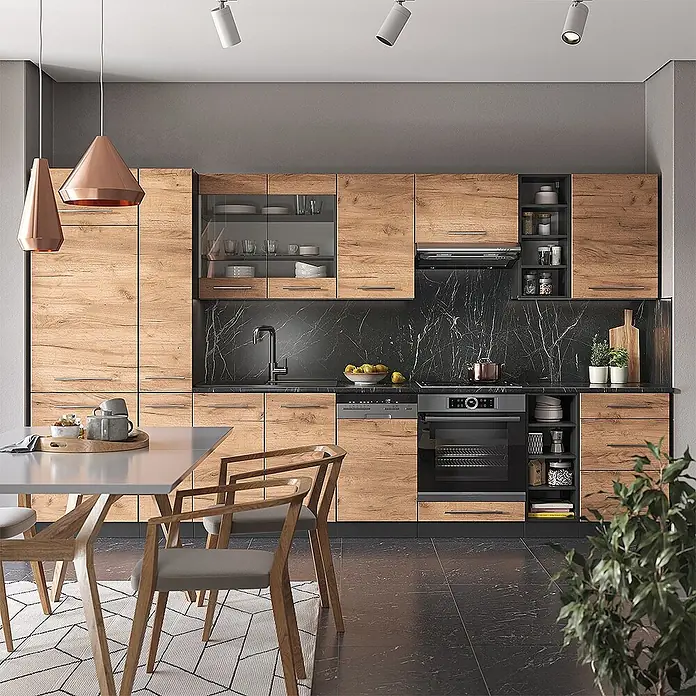 Vicco Küchenzeile Fame-Line Goldkraft Eiche/Anthrazit, AP Anthrazit - Breite: 355 cm, Goldkraft Eiche, Ohne Elektrogeräte - Moderne Küche mit hellen Holzschränken, schwarzer Marmorrückwand und integrierten Geräten, bietet viel Stauraum.