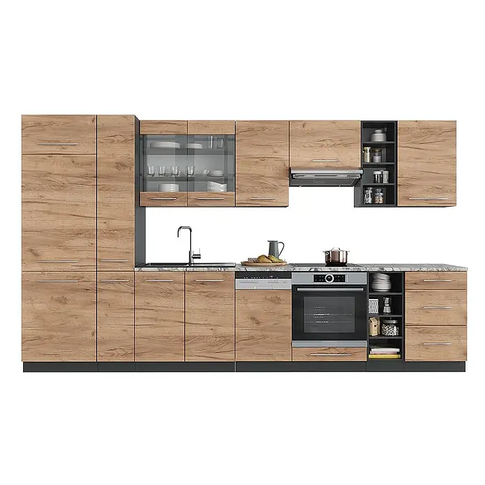Vicco Küchenzeile Fame-Line Goldkraft Eiche/Anthrazit, AP Anthrazit - Breite: 355 cm, Goldkraft Eiche, Ohne Elektrogeräte - Moderne Einbauküche mit hellen Holzfronten, dunklen Akzenten und Marmor-Arbeitsplatte, inklusive Geräten und Stauraum.