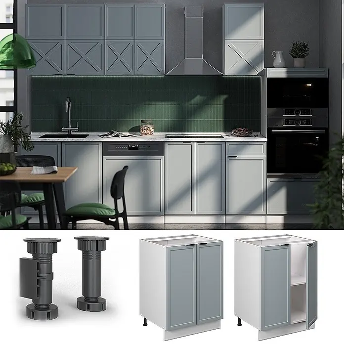 Vicco Schrankküche Fame-Line Hellblau-grau ohne Arbeitsplatte - Hellblau-grau, Unterschrank 60 cm - Moderne hellgraue Küchenschränke mit verstellbaren Füßen, in einer Küche installiert und als separate Einheiten gezeigt.