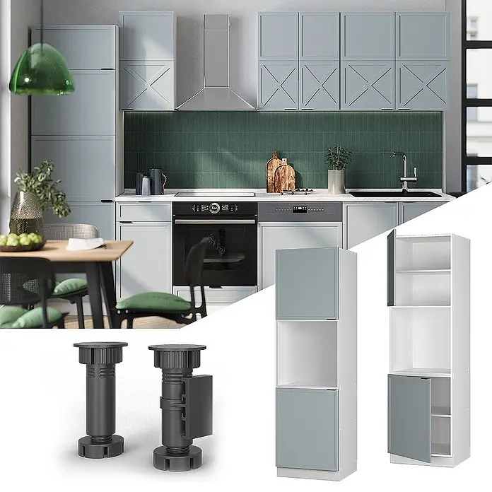 Vicco Schrankküche Fame-Line Hellblau-grau mit offenem Regal - Hellblau-grau, Herdumbauschrank hoch 60 cm - Küchenszene mit hellgrauen Schränken, detaillierten verstellbaren Möbelfüßen & modularen Schrankelementen.