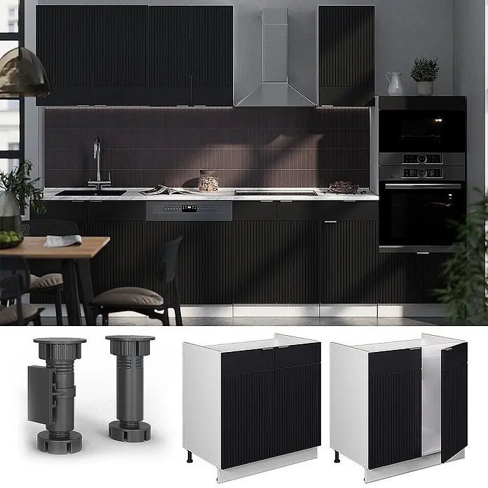 Vicco Spülenunterschrank Fame-Line, Schwarz gestreift, 80 cm -  - Schwarze geriffelte Küchenschränke in einer Küche, mit verstellbaren Füßen und Unterschrankbeispielen.