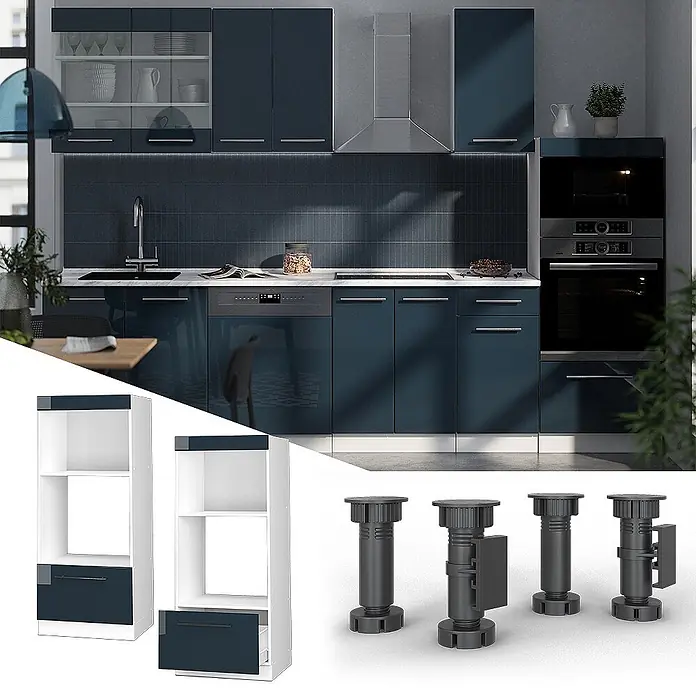 Vicco Schrankküche Fame-Line Dunkelblau Hochglanz offen - Breite: 60 cm, Dunkelblau Hochglanz, Mikrowellenumbauschrank 60 cm - Dunkelblaue modulare Küchenschränke mit weißen Elementen und verstellbaren Stützfüßen, in Küchenumgebung und einzeln gezeigt.