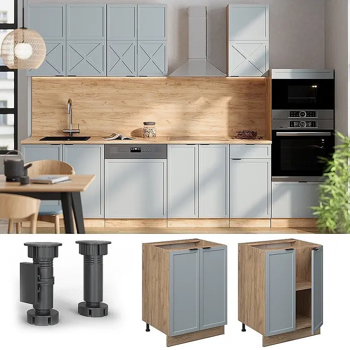 Vicco Schrankküche Fame-Line Hellblau-grau ohne Arbeitsplatte - Hellblau-grau, Unterschrank 60 cm - Moderne Küche mit hellblauen Schränken und Holzakzenten, zeigt Unterschränke mit Türen und verstellbare Möbelfüße.